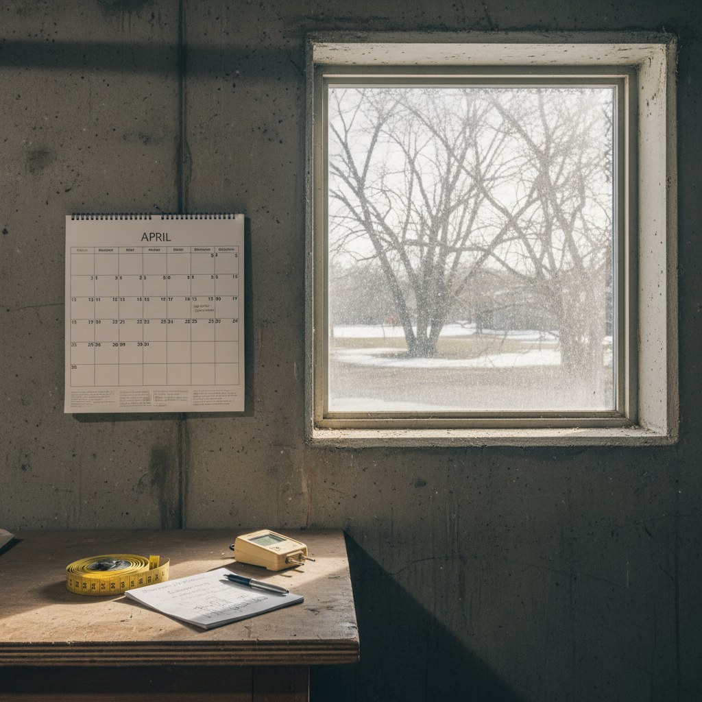 April wall calendar beside a basement workshop and window well view of dormant late-winter trees in Sioux Falls